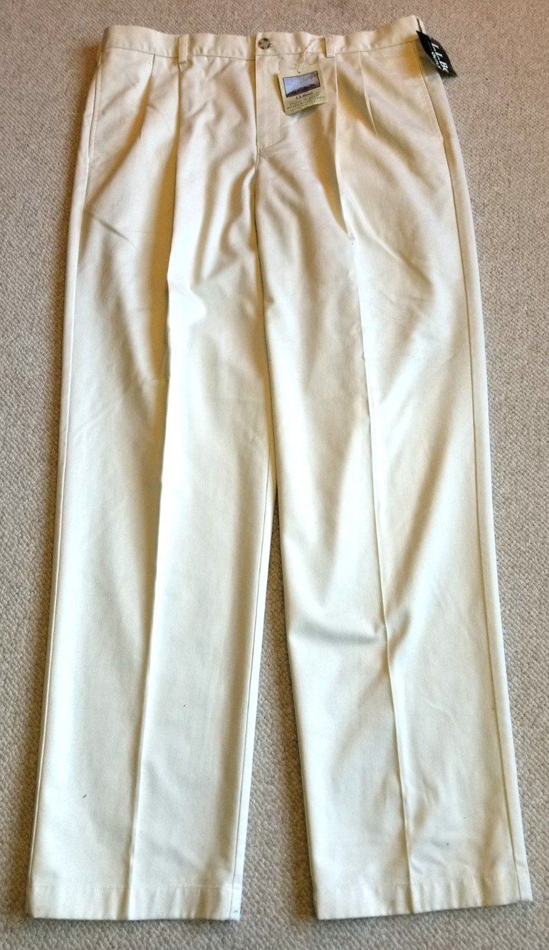 NWT Mens Pants-L.L. BEAN-beige cotton 'Classic Fit Double L Chino' pleated-37x34